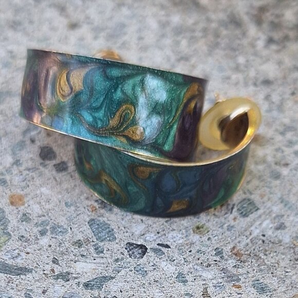 VTG 80s Hoop Earrings Painted Blue Purple Gold Swirl Pattern Jewel Tone Artsy - Picture 3 of 3